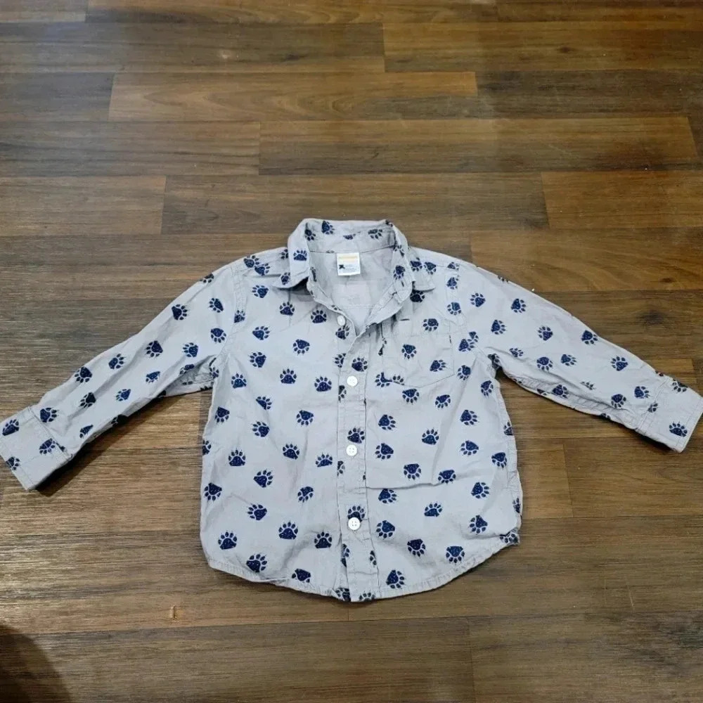 Gymboree Boys 18-24 Mos Gray Paw Print Button Down Shirt